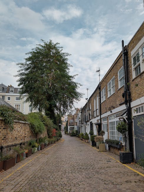 A wide street scene in Chiswick featuring a row of parked cars along the pavement, with a church building that has a prominent clock tower and a dome at the top visible in the background. The porch of the church has arched windows and decorative brickwork, with mature trees lining the street providing greenery. In the foreground, a loading area shows a variety of cardboard boxes, wrapped furniture, and packing materials being prepared for home relocation. A moving trolley and straps are visible near the boxes, indicating ongoing furniture transport and packing activities carried out by movers like Movers Chiswick. The lighting is natural, with clear skies and sunlight casting soft shadows, illustrating a typical house removals setting during a moving process in a residential urban area close to Bedford Park. This scene captures the logistics involved in local removals, packing, and furniture transportation, reflecting the services provided by Movers Chiswick.