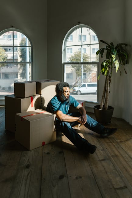 A young man with curly hair, wearing a blue t-shirt and jeans, sitting on the wooden floor inside a well-lit room with large, arched windows showing a street scene outside. He is surrounded by several stacked cardboard moving boxes, some with red tape sealing them. The boxes are arranged next to a dark-colored upholstered headboard or large cushion leaning against the wall. Inside the room, there is a tall potted plant with large green leaves near the window, contributing to a calm environment. The windows allow natural light to illuminate the space, highlighting the wooden flooring and the indoor setting, which is part of a house or apartment undergoing a move. The scene captures the process of home relocation, with furniture and packing materials in view, consistent with a professional removals service such as those provided by Movers Chiswick. This setting reflects an early stage of packing and loading for a house removal or furniture transport service on behalf of Movers Chiswick as documented in the webpage for house removals on Chiswick High Road.